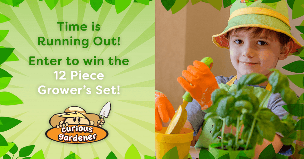 The image shows a contest promotion by Curious Gardener, with a smiling child wearing gardening gear, including gloves and a hat, tending to plants. The text reads "Time is Running Out! Enter to win the 12 Piece Grower's Set!"