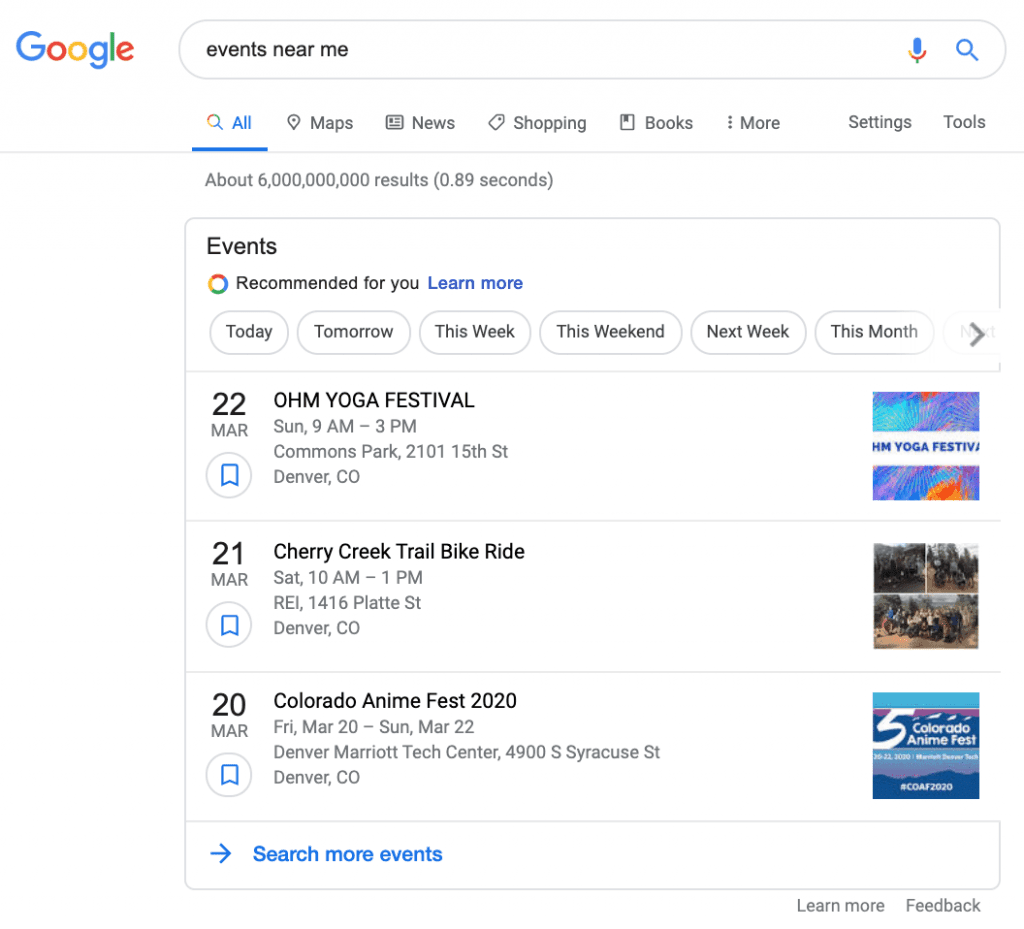 Google search results for 'events near me' displaying a list of local events with details such as date, name, time, location, and a 'Recommended for you' filter. The events include the OHM Yoga Festival, Cherry Creek Trail Bike Ride, and Colorado Anime Fest 2020. Filters for today, tomorrow, this week, and more are available at the top.
