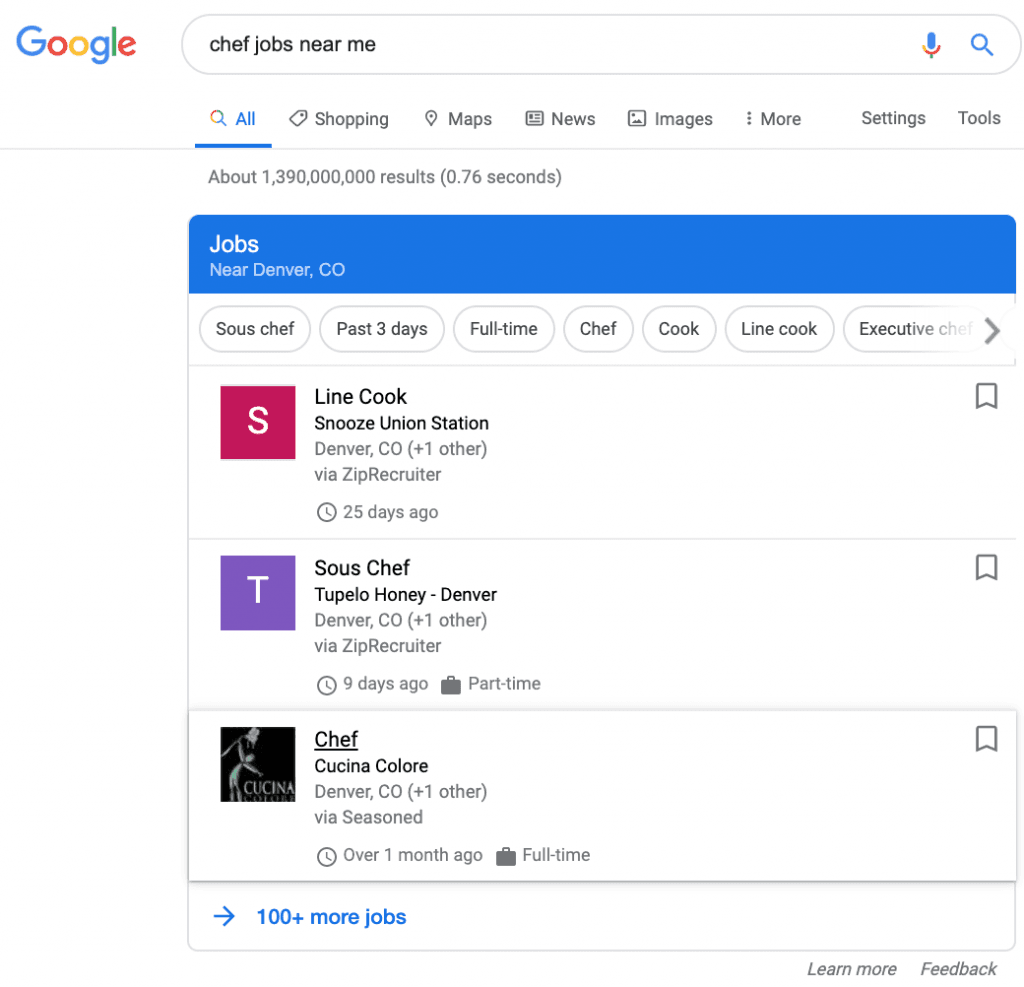 Google search results for 'chef jobs near me' showing job listings from various sources like ZipRecruiter and Seasoned. Listings include positions such as Line Cook, Sous Chef, and Chef, with details like location, company name, job type, and posting date. Filters for different chef roles are displayed at the top.