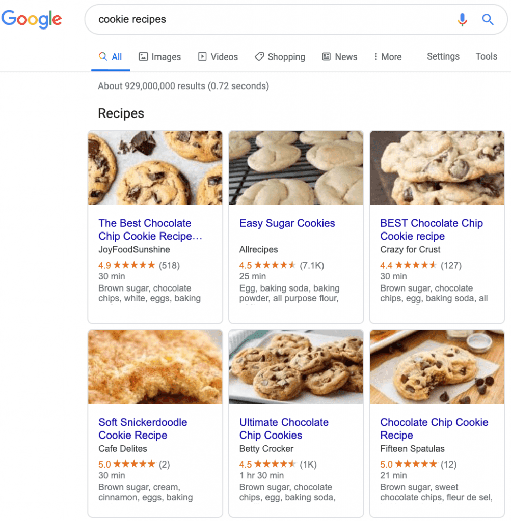 Google search results for 'cookie recipes' showing a recipe feed with images, titles, ratings, and cook times for various cookie recipes. Listings include 'The Best Chocolate Chip Cookie Recipe,' 'Easy Sugar Cookies,' 'Soft Snickerdoodle Cookie Recipe,' and more, providing details like ingredients and preparation time.
