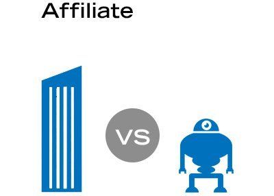 Illustration showing a building and a robot with a "VS" symbol, representing affiliate click fraud, where automated scripts repeatedly click ads to generate fraudulent earnings for the affiliate.