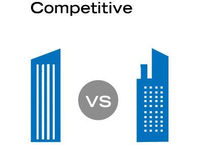 Illustration showing two buildings with a "VS" symbol, representing competitive click fraud where a competitor clicks ads to drain the advertiser's budget.