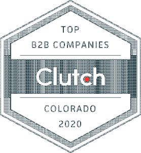 Badge awarded by Clutch, recognizing the recipient as a top B2B company in Colorado for the year 2020. The hexagonal badge features the Clutch logo, with text highlighting the achievement.