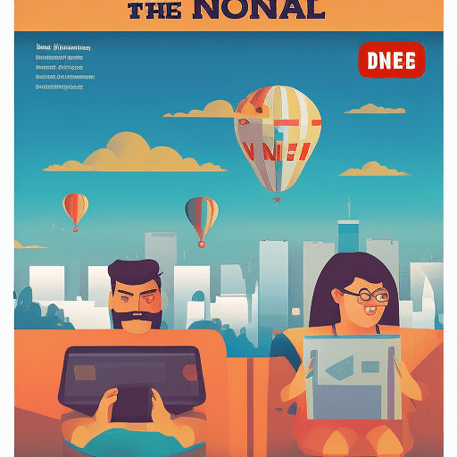 Illustration showing two digital nomads working on laptops with a backdrop of hot air balloons and cityscape. The text references slang terms and trends in digital marketing.