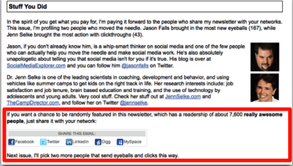 The image displays an email newsletter excerpt highlighting profiles of influential social media figures Jason Falls and Dr. Jenn Selke, with their photographs, descriptions, and social media links. It also includes social share buttons and an invitation to be featured in the newsletter for sharing the email.
