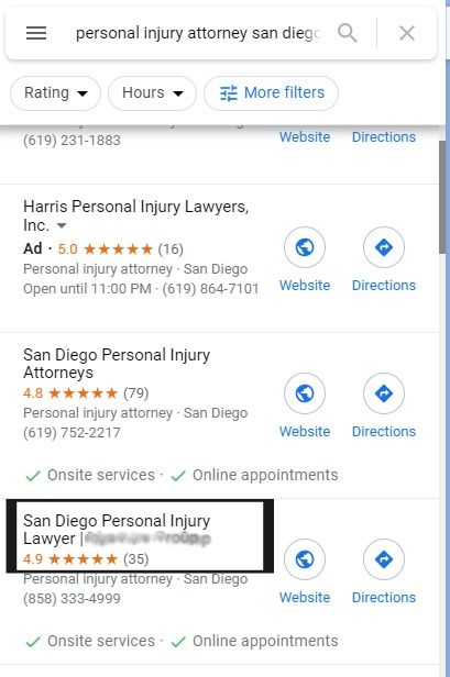 Google search results for 'personal injury attorney San Diego' showing a list of local businesses with ratings and contact information. The highlighted result includes a keyword-stuffed business name, 'San Diego Personal Injury Lawyer,' to rank higher in search results. The listings show star ratings, website links, and directions.