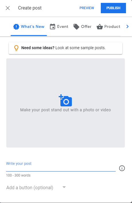 Google My Business 'Create post' dashboard showing options to create a post with a photo or video, along with categories like 'What's New,' 'Event,' 'Offer,' and 'Product.' Users can write a post (100-300 words), add a button, and preview or publish their post.