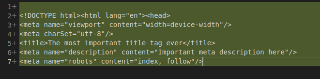 Screenshot showing HTML meta tags, including viewport, charset, title, description, and robots directives, optimized for SEO with a strong title and meta description.