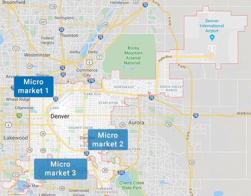 The image shows a map of Denver, Colorado, highlighting three areas labeled "Micro market 1," "Micro market 2," and "Micro market 3" near Denver International Airport. Major roads and landmarks are visible.