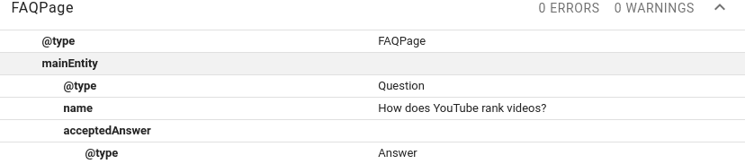 Screenshot displaying a schema markup for an FAQ page, showing structured data with a question ("How does YouTube rank videos?") and its accepted answer.