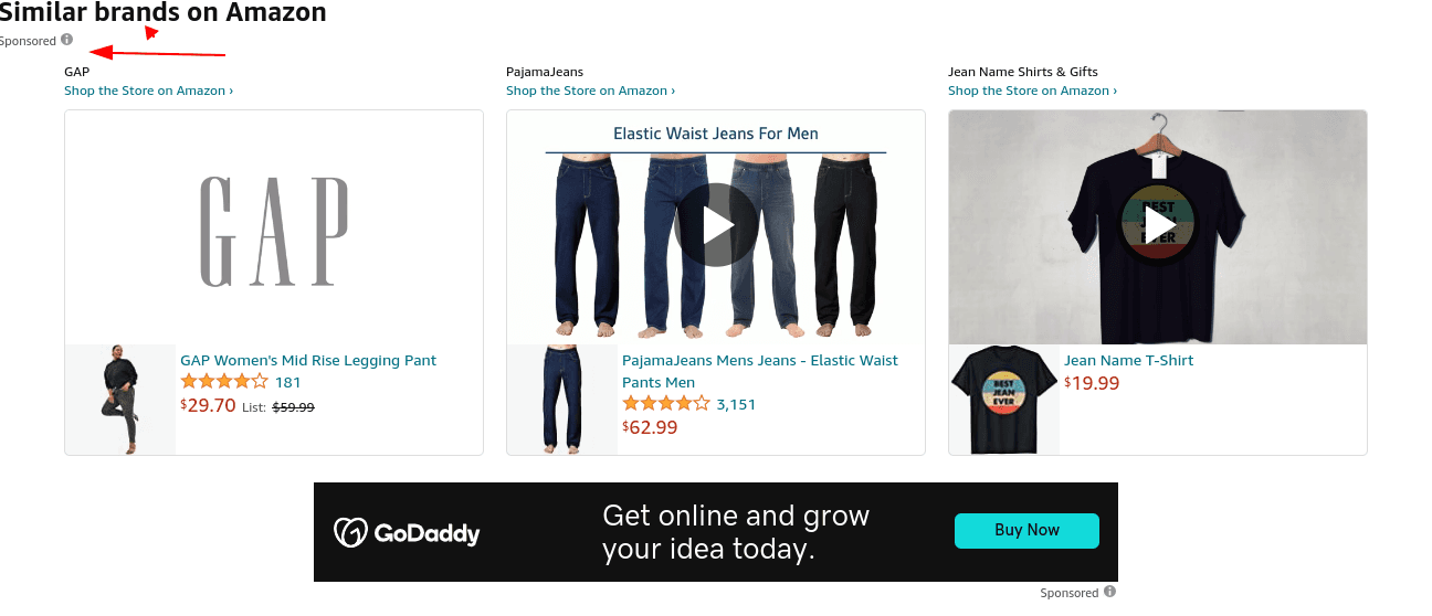 'Similar brands on Amazon' section with sponsored ads for GAP, PajamaJeans, and Jean Name Shirts & Gifts. Product prices, ratings, and images are displayed under each item, along with a GoDaddy advertisement.
