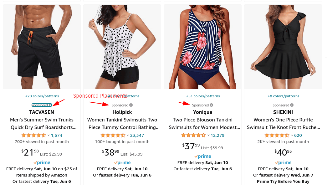 Amazon product page showcasing swimwear for men and women, including shorts and swimsuits, with 'Sponsored' labels indicating paid advertisements. Prices, ratings, and delivery information are displayed under each product.