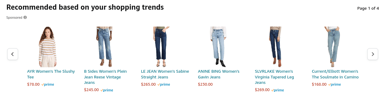 Amazon product recommendations based on shopping trends, showcasing women's clothing including jeans and a tee. Products are labeled 'Sponsored' with prices and Prime availability displayed under each item.